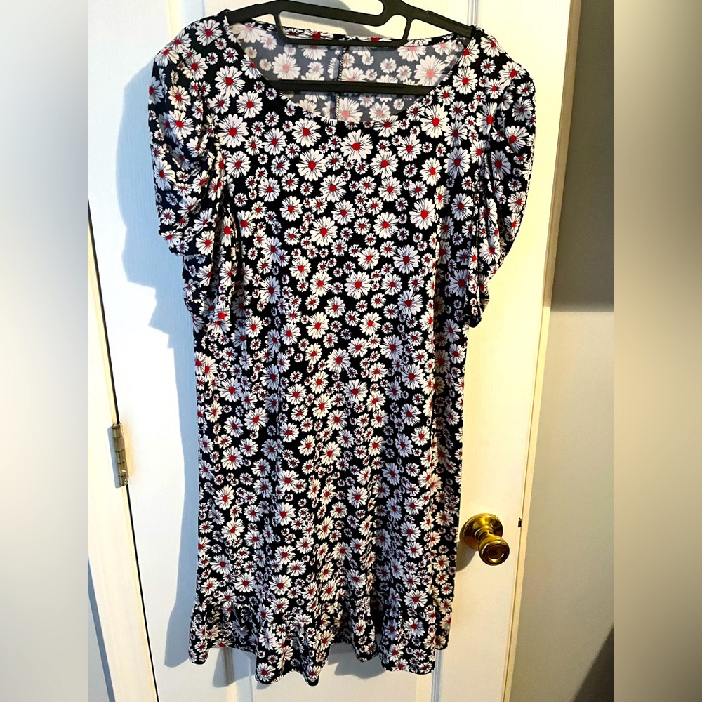 Red, White, and Blue Flower Dress with Puff Sleeves